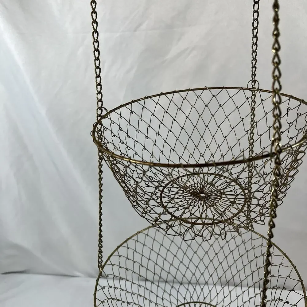 Vintage 3 Tier Distress Brass Gold Patina Metal Hanging Wire Fruit Basket